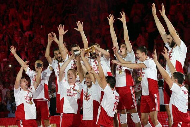 21.09.2014 KATOWICE VOLLEYBALL , FIVB MEN S VOLLEYBALL WORLD CHAMPIONSHIP 2014 , FINALS ROUND ) ( FINAL GAME POLAND ) - KRZYSZTOF IGNACZAK , PAWEL ZATORSKI , MATEUSZ MIKA , PAWEL ZAGUMNY , MICHAL WINIARSKI , , FABIAN DRZYZGA ,KAROL KLOS , MARIUSZ WLAZLY , MARCIN MOZDZONEK , DAWID KONARSKI 20140921CSJP3043