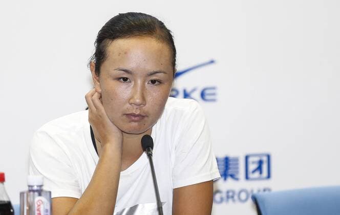 Peng Shuai of China attends a press conference after the women s singles first round match during the 2014 WTA Tennis Damen Wuhan Open tennis tournament in Wuhan city, central China s Hubei province, 22 September 2014.  pbu160354_10