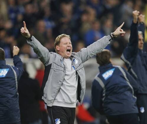 Torjubel 3:3 Ausgleich für Hoffenheim, Trainer Markus Gisdol (1899) . 1899 Hoffenheim-SC Freiburg . Sinsheim, GER, 23.09.2014,5. Spieltag Fussball-Bundesliga 2014-2015.