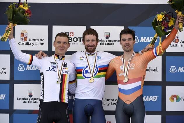 Martin Tony of Omega Pharma - Quick-Step (GER) - WIGGINS Bradley of Sky Team (GBR) - DUMOULIN Tom of Team Giant-Shimano (NED) Rad WM CLM Elite Männer Einzelzeitfahren - Ponferrada - 24 09 2014 xPhotoNewsx 