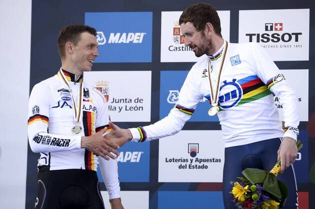 PONFERRADA, SPAIN: German Tony Martin and British Bradley Wiggins pictured on the podium after the men s elite individual time trial race at the UCI World Cycling championships in Ponferrada, Spain, Wednesday 24 September 2014. DIRKxWAEM  premiumd 19091889