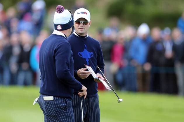 GOLF - PGA, Ryder Cup 2014 PERTHSHIRE,SCOTLAND,26.SEP.14 - GOLF - PGA Golf Herren Tour, Ryder Cup, Auchterarder Golf Club. Image shows Hunter Mahan and Zach Johnson (USA). 