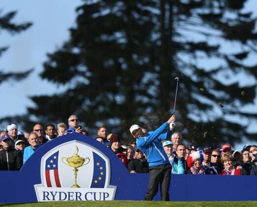 Europe s Sergio Garcia tees off in the morning fourball match against the USA s Mickelson and Bradley on the first day of the 2014 Ryder Cup in Gleneagles,Scotland on September 26, 2014.  LON2014092607
