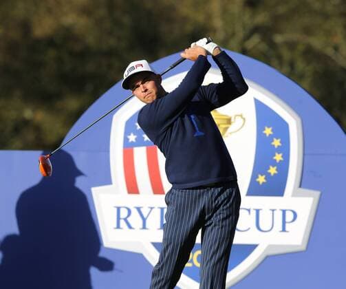 USA s Rickie Fowler tees off in the morning fourball match against Europe s Martin Kaymer and Thomas Bjorn on the first day of the 2014 Ryder Cup in Gleneagles,Scotland on September 26, 2014.The match was halved.  LON2014092611