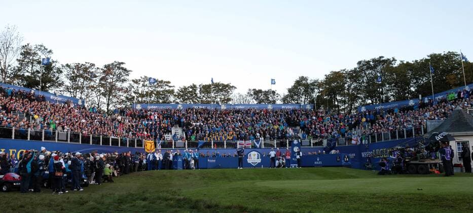 USA s Webb Simpson tees off on the 1st hole in the morning fourball match against Europe s Justin Rose and Henrik Stenson on the first day of the 2014 Ryder Cup in Gleneagles,Scotland on September 26, 2014.  LON2014092625