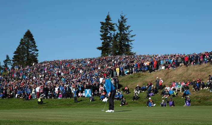 Europe s Rory McIlroy ( Mc Ilroy ) putts on the 14th green in the morning fourball match against USA s Phil Mickelson and Keegan Bradley on the first day of the 2014 Ryder Cup in Gleneagles,Scotland on September 26, 2014.  LON2014092635
