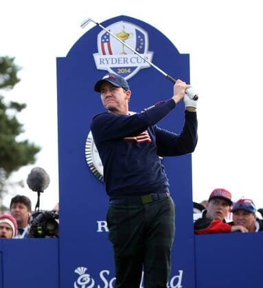 USA s Jimmy Walker tees off in the morning fourball match against Europe s Rory McIlroy ( Mc Ilroy ) and Ian Poulter on the second day of the 2014 Ryder Cup in Gleneagles,Scotland on September 27, 2014.The match was halved.  LON2014092706