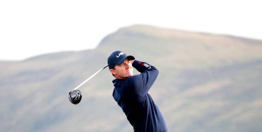 USA s Jimmy Walker tees off in the afternoon foursomes match against Europe s Victor Dubuisson and Graeme McDowell on the second day of the 2014 Ryder Cup in Gleneagles,Scotland on September 27, 2014.  LON2014092752