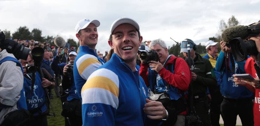 European Rory McIlroy ( Mc Ilroy ) celebrates after defeating the United States by sixteen and a half points to eleven and a half points on the final day of the 2014 Ryder Cup in Gleneagles,Scotland on September 28, 2014.  LON2014092841