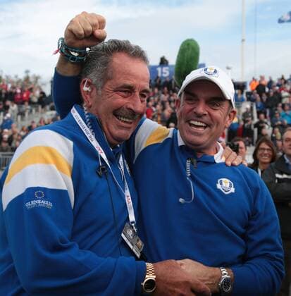 European Vice-captain Sam Torrance and Captain Paul Mcginley punch the air after the United States were defeated by sixteen and a half points to eleven and a half points on the final day of the 2014 Ryder Cup in Gleneagles,Scotland on September 28, 2014.  LON2014092842