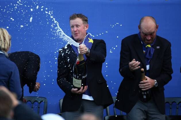 GOLF - PGA, Ryder Cup 2014 PERTHSHIRE,SCOTLAND,28.SEP.14 - GOLF - PGA Golf Herren Tour, Ryder Cup, Auchterarder Golf Club, Team Europe. Image shows Jamie Donaldson (ENG) and Thomas Björn (DEN). 