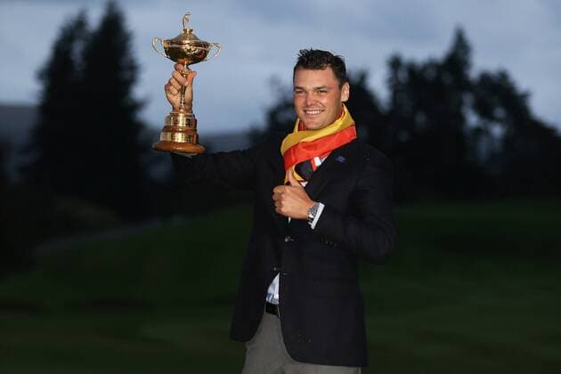 GOLF - PGA, Ryder Cup 2014 PERTHSHIRE,SCOTLAND,28.SEP.14 - GOLF - PGA Golf Herren Tour, Ryder Cup, Auchterarder Golf Club. Image shows the rejoicing of Martin Kaymer (GER). Keywords: trophy. 