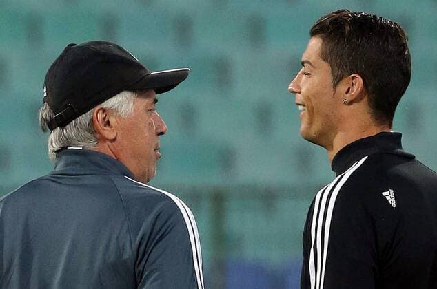 30.09.2014 Sofia Carlo Ancelotti(L) CF Real Madrid coach with Cristiano Ronaldo(r) Training Real Madrid 