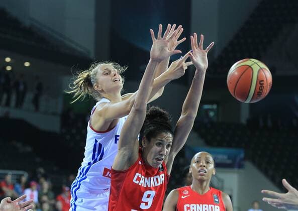 2014 Women s FIBA World Cup Group B match between France and Canada in Ankara on September 30, 2014. Score: France 63 - Canada 59 Pictured: of France and Miranda Ayim(9) of Canada. 