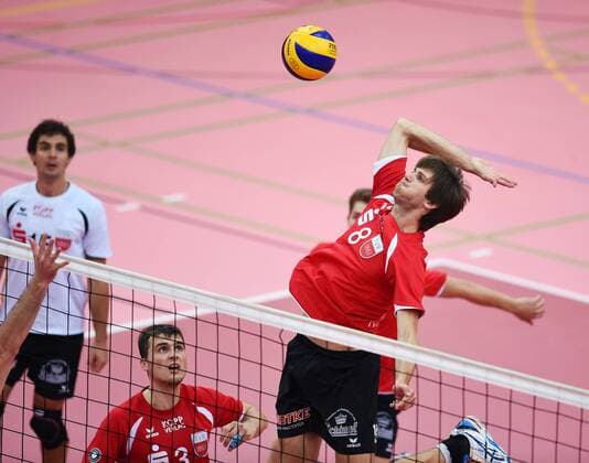 Volleyball 1. Bundesliga Saison 2014 2015 Testspiel 03.10.2014 in Tuebingen TV Rottenburg - VSG Coburg Felix Isaak (re, TV Rottenburg) 