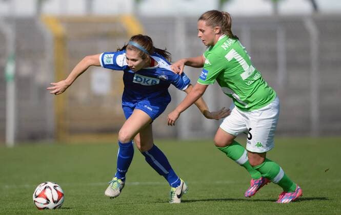 Rachel Lynne Mercik (li., Pot) und Noelle Maritz (VfL), Fussball, Allianz Frauen-Bundesliga, VfL Wolfsburg-1. FFC Turbine Potsdam, xjkx