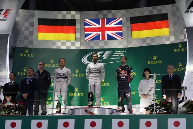 05.10.2014 - Race, 1st position Lewis Hamilton (GBR) Mercedes AMG F1 W05, 2nd position Nico Rosberg (GER) Mercedes AMG F1 W05 and 3rd position Sebastian Vettel (GER) Red Bull Racing RB10 Japanese Grand Prix, Suzuka 2 - 5 October 2014 