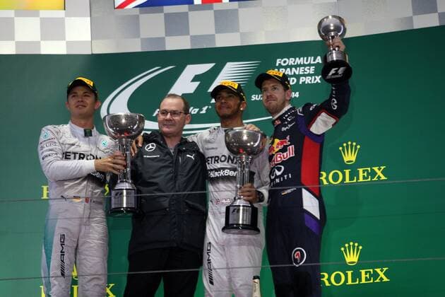 05.10.2014 - Race, 1st position Lewis Hamilton (GBR) Mercedes AMG F1 W05, 2nd position Nico Rosberg (GER) Mercedes AMG F1 W05 and 3rd position Sebastian Vettel (GER) Red Bull Racing RB10 Japanese Grand Prix, Suzuka 2 - 5 October 2014 