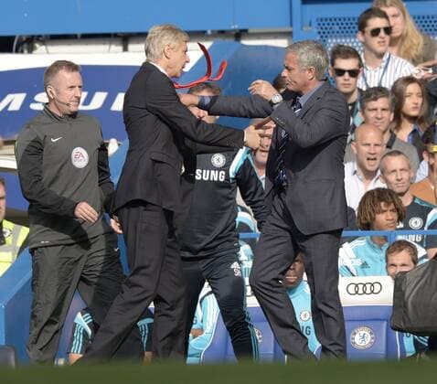 London - Chelsea FC vs Arsenal FC - 5.10.2014. Arsene Wenger and Jose Mourinho confrontation 