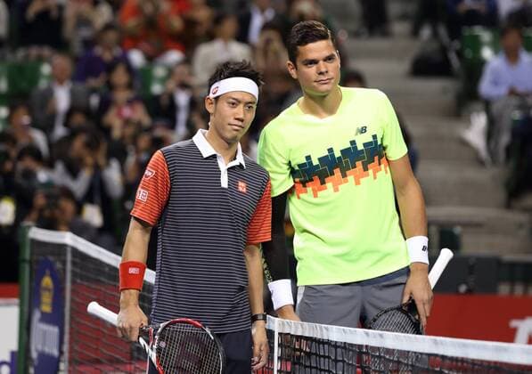 (L-R) Milos Raonic (CAN), Kei Nishikori (JPN), OCTOBER 5, 2014 - Tennis : Kei Nishikori of Japan, left, and Milos Raonic of Canada pose for a photo before playing their final match at the Rakuten Japan Open Tennis Championships 2014 in Tokyo on October 5, 2014. Noxthirdxpartyxsales  (peda001848)
