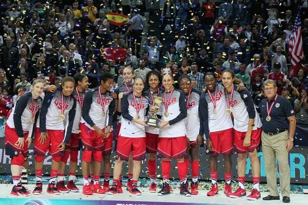 2014 FIBA World Women s Championship basketball final match between USA and Spain at Ulker Arena on October 5, 2014 in Istanbul. Score: USA 77 - Spain 64 Pictured: Members of the Women s Senior U.S. National Team receive their medal after defeating Spain during the finals of the 2014 FIBA World Championships on October 5, 2014 in Istanbul, Turkey 