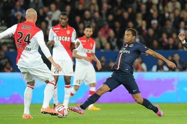 Lucas Moura (PSG) Geoffrey Kondogbia (Monaco) Andrea Raggi (Monaco) FOOTBALL : PSG vs Monaco - Ligue 1 - 05 10 2014 N.LeGouicFEP 