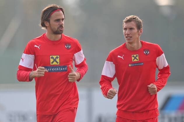 SOCCER - UEFA EURO 2016 quali, AUT vs MDA, training STEGERSBACH,AUSTRIA,06.OCT.14 - SOCCER - UEFA European Championship 2016, qualification, ÖFB international match, Austria vs Moldova, training team AUT. Image shows Martin Harnik and Florian Klein (AUT).  CW3_8907