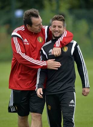 - BRUSSELS, BELGIUM: Belgium s head coach Marc Wilmots and Belgium s Dries Mertens pictured during a training session of Belgian national soccer team Red Devils, Tuesday 07 October 2014, in Brussels. Belgium will play Euro 2016 qualification games against Andorra on October 10th and against Bosnia on October 13th. ERICxLALMAND  premiumd kurio20232154