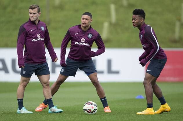 England s Jack Wilshere, Alex Oxlade-Chamberlain and Raheem Sterling - England Training & Press Conference - UEFA Euro 2016 Qualifier - St George s Park - Burton-Upon-Trent - 07 10 2014 Pic PhilipxOldham Sportimage EDITORIAL USE ONLY. No use with unauthorised audio, video, data, fixture lists, club league logos or live services. Online in-match use limited to 120 images, no video emulation. No use in betting, games or single club league player publications.