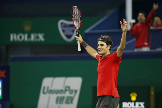 Roger Federer of Switzerland celebrates in the second round of the men s singles during the 2014 Shanghai Rolex Masters tennis tournament in Shanghai, China, 8 October 2014  20141009_55390
