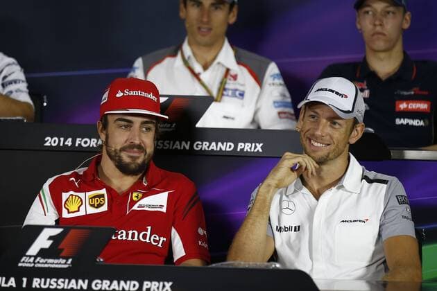 Motorsports: FIA Formula One World Championship 2014, Grand Prix of Russia, 14 Fernando Alonso (ESP, Scuderia Ferrari), 22 Jenson Button (GBR, McLaren Mercedes), xHOCHxZWEIx