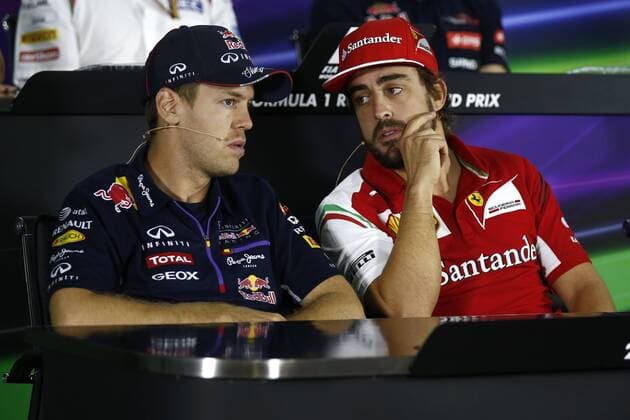 Motorsports: FIA Formula One World Championship 2014, Grand Prix of Russia, 1 Sebastian Vettel (GER, Infiniti Red Bull Racing), 14 Fernando Alonso (ESP, Scuderia Ferrari), xHOCHxZWEIx