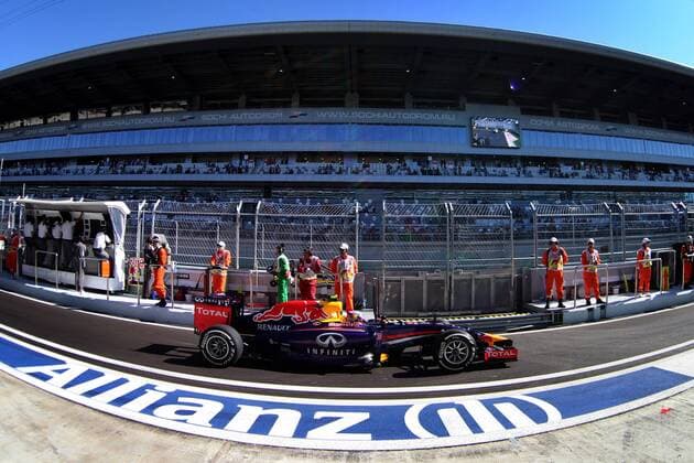 SOCHI, RUSSIA. OCTOBER 10, 2014. German racing driver Sebastian Vettel of the Infiniti Red Bull Racing team participates in the first free practice session of the 2014 Formula One Russian Grand Prix at the Sochi Autodrom racing circuit. StanislavKrasilnikov TASS  RE151864
