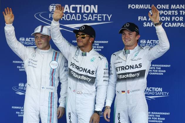 Motorsports: FIA Formula One World Championship 2014, Grand Prix of Russia, 77 Valtteri Bottas (FIN, Williams Martini Racing), 44 Lewis Hamilton (GBR, Mercedes AMG Petronas F1 Team), 6 Nico Rosberg (GER, Mercedes AMG Petronas F1 Team), xHOCHxZWEIx