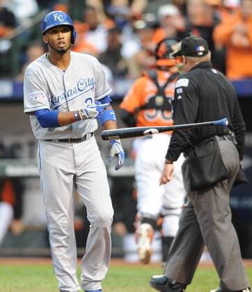Kansas City Royals Alcides Escobar reacts to striking out against Baltimore Orioles Bud Norris in the fourth inning of game 2 of the American League Championship Series at Orioles Park at Camden Yards in Baltimore, Maryland on October 11, 2014.  MGX20141011215