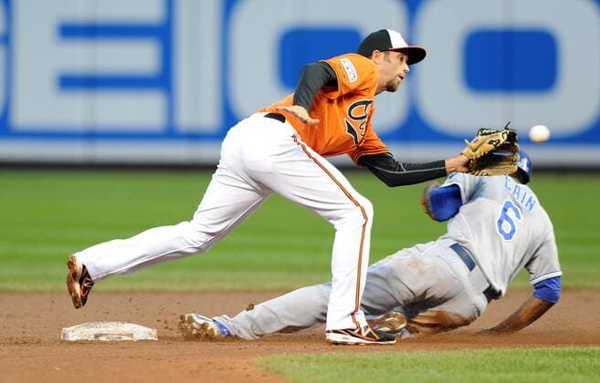 Kansas City Royals Lorenzo Cain (6) steals second as Baltimore Orioles SS J.J. Hardy reaches for the throw in the fifth inning of game 2 of the American League Championship Series at Orioles Park at Camden Yards in Baltimore, Maryland on October 11, 2014.  MGX20141011218