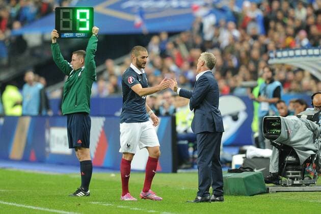 Didier Deschamps (entraineur France) Karim Benzema (France) FOOTBALL : France vs Portugal - Qualifications Euro - 11 10 2014 N.LeGouic FEP Panoramic 