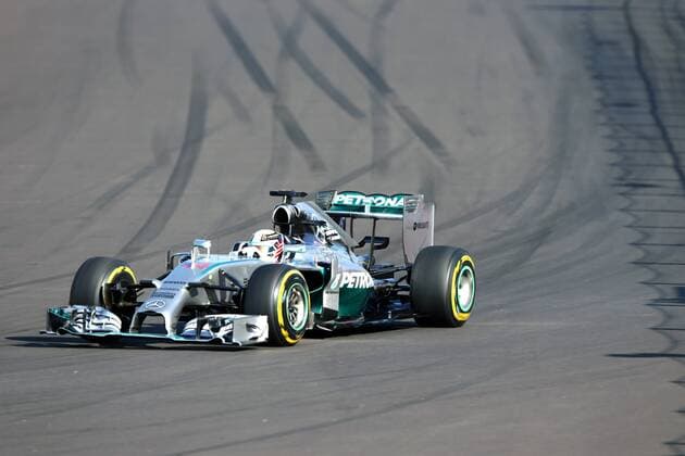 SOCHI, RUSSIA. OCTOBER 12, 2014. Mercedes Lewis Hamilton of the UK drives during the 2014 Formula One Russian Grand Prix race at the Sochi Autodrom racing circuit. Stanislav Krasilnikov TASS  premiumd RE151A83