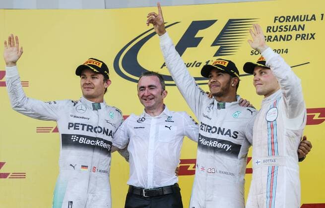 SOCHI, RUSSIA. OCTOBER 12, 2014. Mercedes Nico Rosberg of Germany (2nd place), Mercedes technical director Paddy Lowe, Mercedes Lewis Hamilton of the UK (1st place) and Williams Valtteri Bottas of Finland (3rd place) (L-R) seen during the awards ceremony for the 2014 Formula One Russian Grand Prix at the Sochi Autodrom racing circuit. Sergei Savostyanov TASS  RE151ABA
