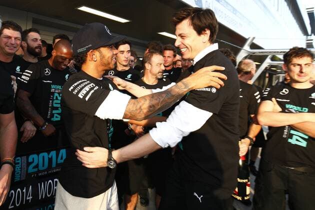 Motorsports: FIA Formula One World Championship 2014, Grand Prix of Russia, 44 Lewis Hamilton (GBR, Mercedes AMG Petronas F1 Team), Toto Wolff (AUT, Mercedes AMG Petronas F1 Team), Mercedes GP becomes 2014 World Constructors Champions xHOCHxZWEIx