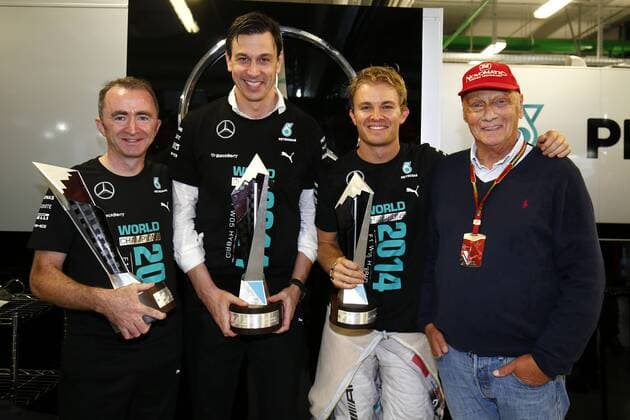 Motorsports: FIA Formula One World Championship 2014, Grand Prix of Russia, Paddy Lowe (GBR, Mercedes AMG Petronas F1 Team), Toto Wolff (AUT, Mercedes AMG Petronas F1 Team), 6 Nico Rosberg (GER, Mercedes AMG Petronas F1 Team), Niki Lauda (AUT, Mercedes AMG Petronas F1 Team), Mercedes GP becomes 2014 World Constructors Champions xHOCHxZWEIx
