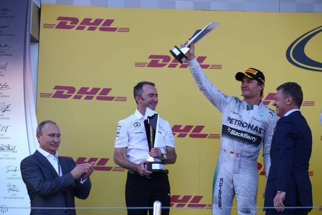 12.10.2014- Podium, winner Lewis Hamilton (GBR) Mercedes AMG F1 W05, 2nd Nico Rosberg (GER) Mercedes AMG F1 W05, 3rd Valtteri Bottas (FIN) Williams F1 Team FW36 with Paddy Lowe (GBR) Mercedes AMG F1 Executive Director, Vladimir Putin (RUS) President od Russian Federation and Dmitry Kozak (RUS) Russian Deputy Prime Minister Russian Grand Prix, Sochi 09 - 12 October 2014 