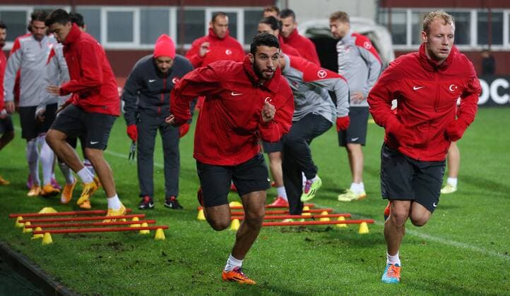 Turkey National Team Players during the last training at Skonto Sadium in Riga on 12 October 2014 Pictured: Ismail Kobasi and Semih Kaya 