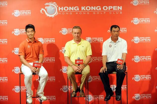 (From left) Chinese golf player Liang Wenchong, Spanish golf player Miguel Angel Jimenez and Chinese golf player Zhang Lianwei attend a press conference for the 2014 the Hong Kong Open in Hong Kong, China, 14 October 2014. Defending champion Miguel Angel Jimenez is hoping to continue his special relationship with the Hong Kong Open this week (from 16 October to 19 October 2014) as he looks to become the only player in history to win the event five times having taken the title in 2004, 2007, 2012 and last year. Speaking alongside China¡¯s two greatest golfers, Zhang Lianwei and Liang Wen-chong, at a press conference to officially launch the Hong Kong Open, Jimenez declared his intention to break his own record as The European Tour¡¯s oldest winner. Miguel Angel Jimenez hopes to win five times at Hong Kong Open  20141014_44756