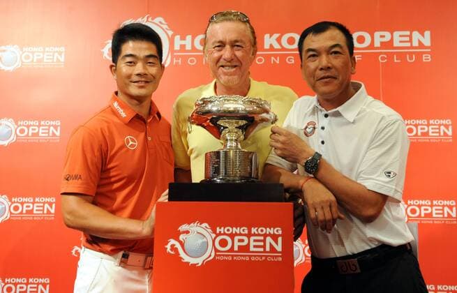 (From left) Chinese golf player Liang Wenchong, Spanish golf player Miguel Angel Jimenez and Chinese golf player Zhang Lianwei pose with the champion trophy at a press conference for the 2014 the Hong Kong Open in Hong Kong, China, 14 October 2014. Defending champion Miguel Angel Jimenez is hoping to continue his special relationship with the Hong Kong Open this week (from 16 October to 19 October 2014) as he looks to become the only player in history to win the event five times having taken the title in 2004, 2007, 2012 and last year. Speaking alongside China¡¯s two greatest golfers, Zhang Lianwei and Liang Wen-chong, at a press conference to officially launch the Hong Kong Open, Jimenez declared his intention to break his own record as The European Tour¡¯s oldest winner. Miguel Angel Jimenez hopes to win five times at Hong Kong Open  20141014_62499