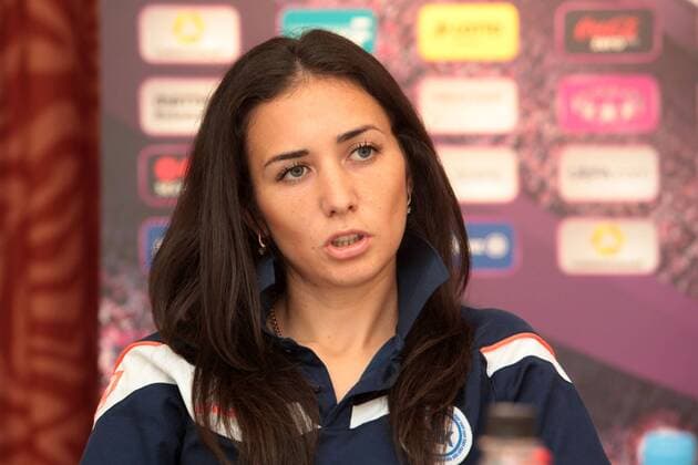 Frauenfußball. Pressekonferenz des 1. FFC Frankfurt am Mittwoch (16.10.2014) zum Rückspiel im Sechzehntelfinale der UEFA Champions League gegen WFC BIIK-Kazygurt. Fatima Idiatulina (WFC).