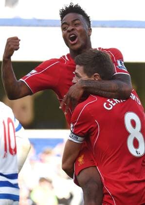 Raheem Sterling and steven gerrard celebrate the winner QPR v Liverpool . . London, UK . . 19.10.2014 