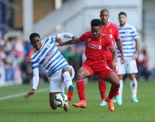 QPR s Leroy Fer tussles with Liverpool s Raheem Sterling - Barclays Premier League - QPR vs Liverpool - Loftus Road - England - 19th October 2014 - Picture David Klein Sportimage EDITORIAL USE ONLY. No use with unauthorised audio, video, data, fixture lists, club league logos or live services. Online in-match use limited to 120 images, no video emulation. No use in betting, games or single club league player publications.