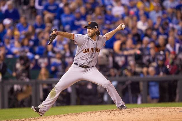 October 21, 2014: San Francisco Giants starting pitcher Madison Bumgarner (40) during the MLB Baseball Herren USA World Series game 1 between the San Francisco Giants and the Kansas City Royals at Kauffman Stadium in Kansas City, Missouri. MLB Baseball Herren USA OCT 21 World Series - Giants at Royals - Game 1 Icon20144694 EDITORIAL USE ONLY