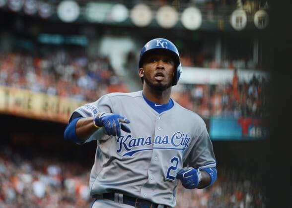 Kansas City Royals shortstop Alcides Escobar scores from third base on right fielder Lorenze Cain s ground ball to short during the first inning in game 3 of the World Series at AT&T Park in San Francisco on October 24, 2014.  SXP2014102404